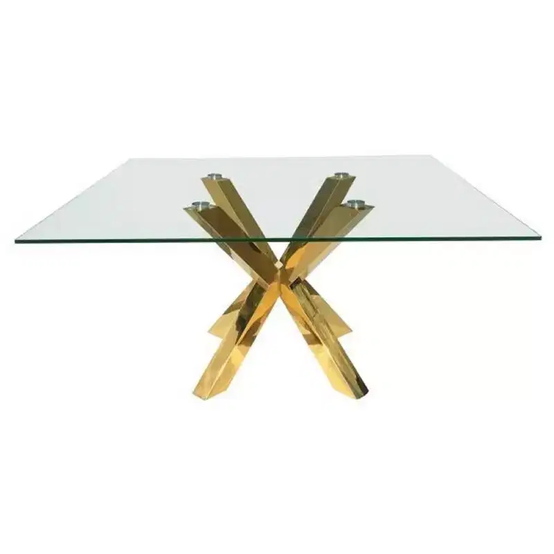 HomeRoots 60 Clear and Gold Glass and Metal Cross Leg Base Square Dining Table
