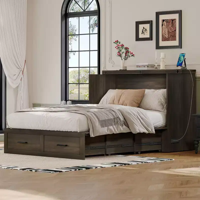 Full Size Farmhouse Murphy Cabinet Bed Frame, Foldable Platform Bed with Large Storage Drawer