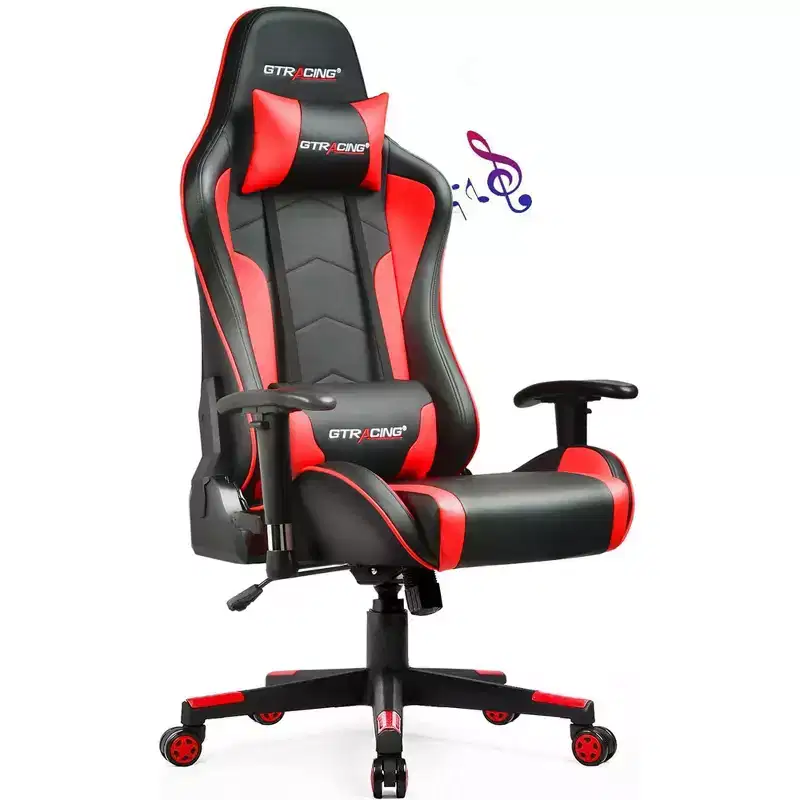 High-Back Gaming Chair with Bluetooth Speakers, PU Leather, Adjustable Arms & Lumbar, 300 lb Capacity, Red