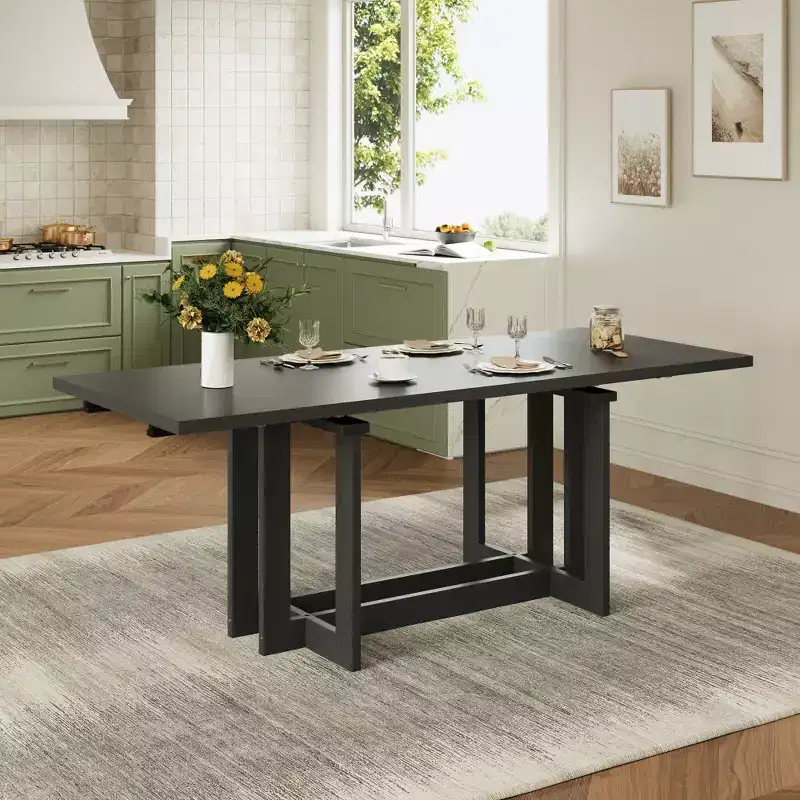 GDFStudio Ebony 82 Extendable Rubberwood Dining Table with Two 12'' Removable Leaves and Trestle Legs