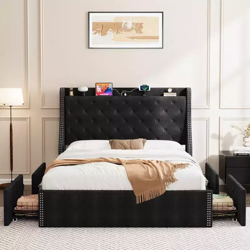 Full/Queen Upholstered Platform Bed Frame with Charging Headboard and 4 Storage Drawers - Linen Fabric with Nailhead Trim