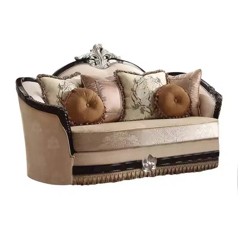 75" Ernestine Sofa Tan Fabric and Black Finish : Traditional Loveseat, Removable Cushions, 3 Accent Pillows