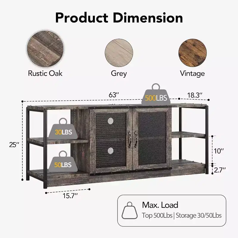 63 Industrial Farmhouse TV Stand for 75 Inch TVs, Weight Capacity 500LB, Media Console with Double Mesh Doors, Storage Cabinet for Living Room