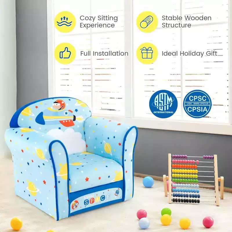 Kids' Sofa Chair – Toddler Upholstered Armchair, Wooden Frame, Blue