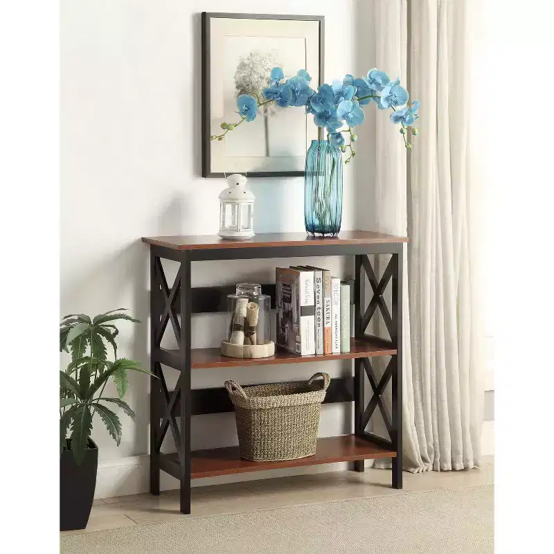 3-Tier Bookcase with X-Pattern Design, Glossy Black, 5 Shelves
