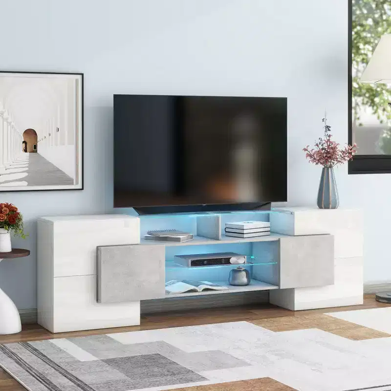 Versatile TV Stand for TVs up to 80 with 2 Lighted Glass Shelves and LED Color Changing Lights - ModernLuxe