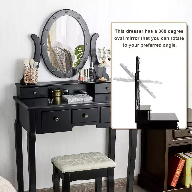 Costway Vanity Set Makeup Dressing Table w/5 Drawers 12 LED Bulb Black