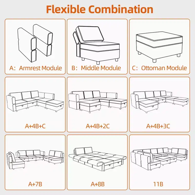 Modular Sectional Sofa Middle Module with Storage Space 11 Angles Adjustable Backrest Grey 31 D x 26 W x 33 H