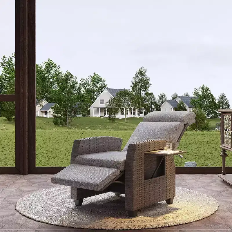 Patio Recliner Chair, Adjustable Back Footrest PE Wicker Weather Resistant with Flip Up Table Air Pump