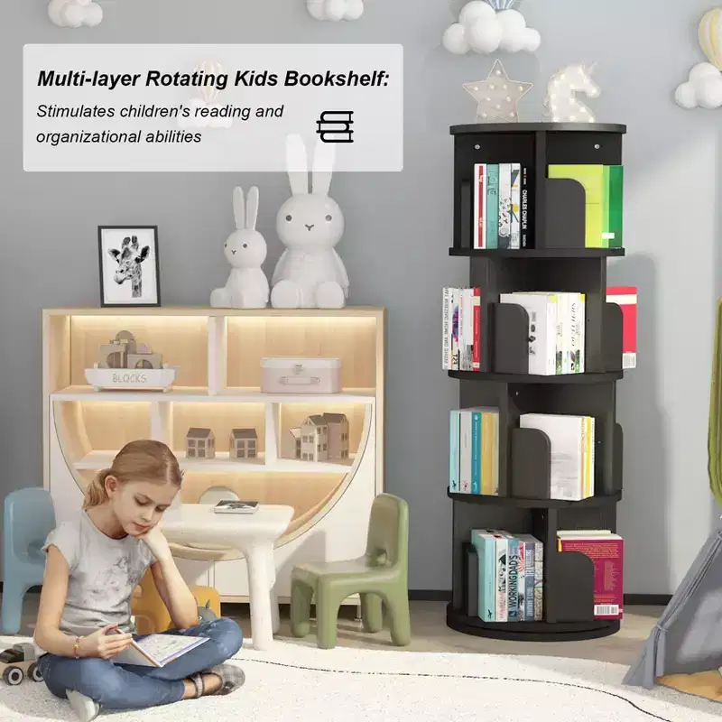 4-Tier Rotating Bookshelf with 360 Spin, Corner Wood Bookcase Organizer for Kids & Adults, Space-Saving Storage for Bedroom & Living Room