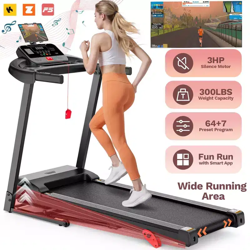 3HP Folding Treadmill w/ Incline for Home, 300LBS Capacity Portable Treadmill, Free Training Classes w/ APP, 71 Program, 7.5MPH for Jogging Walking