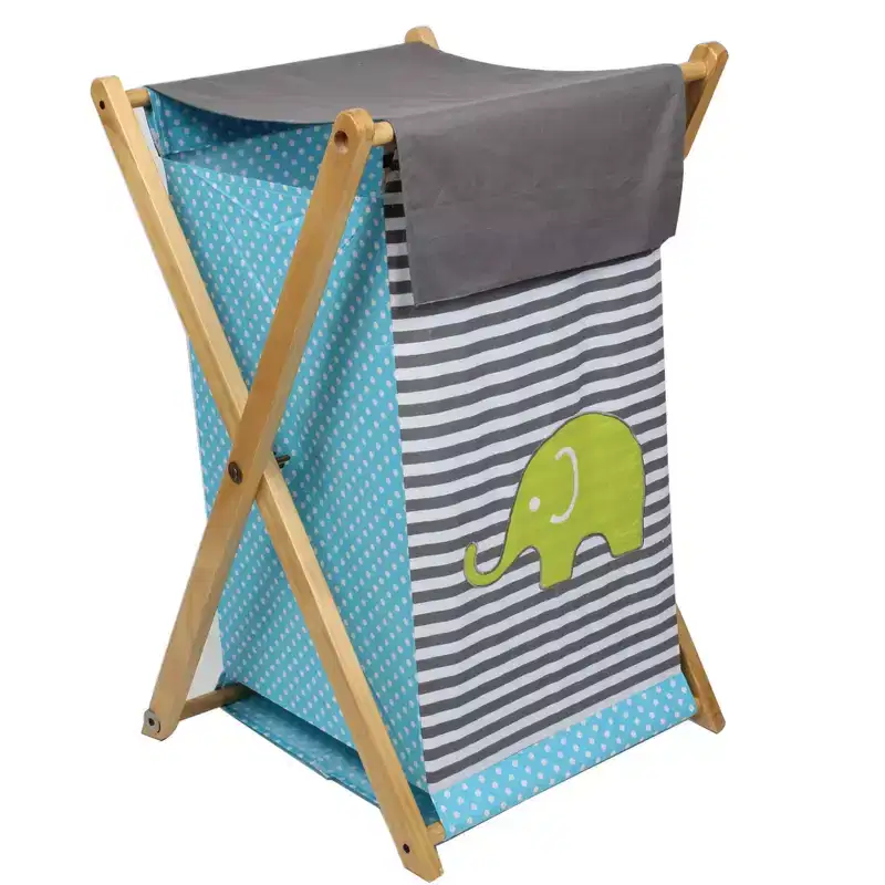 Elephants Aqua/Lime/Gray Kids Laundry Hamper with Wooden Frame