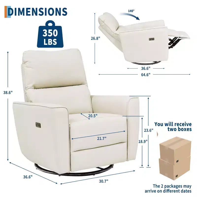 Power Recliner Chair, PU Leather Upholstered Swivel Glider with Adjustable Footrest and Curved Armrest for Living Room, Office, Bedroom
