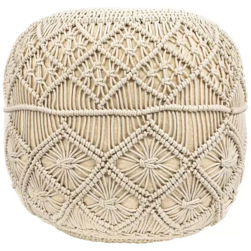 Northlight 18 Solid Cream Macrame Round Handmade Natural Cotton Pouf Ottoman