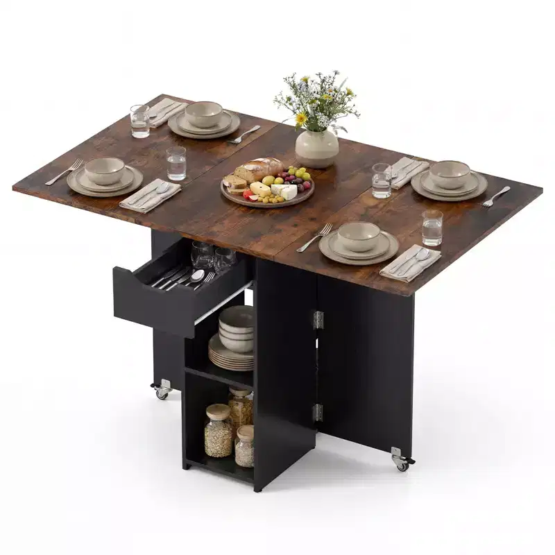 Costway Folding Dining Table w/2 Open Shelves & Drawer 2 Lockable Universal Wheels