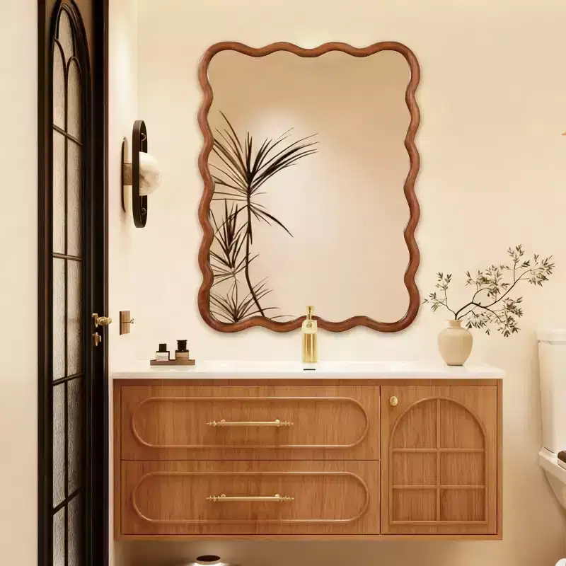 30 x 40 Wall Mirror with Solid Wood Frame, Wavy Rectangle Decorative Mirror for Bathroom, Bedroom, Living Room, Entryway-Panipeachy