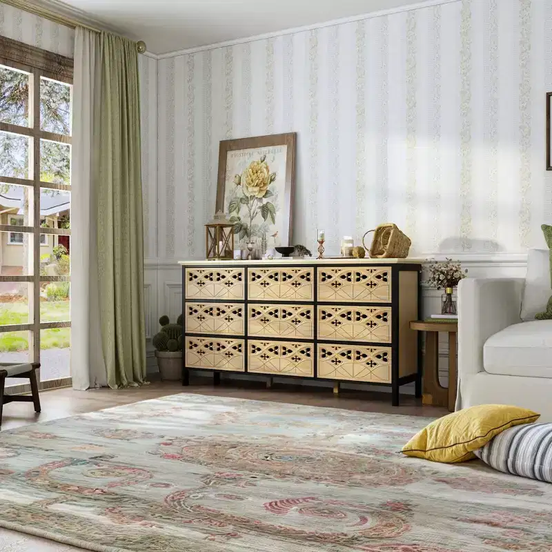 9-Drawer Chest, Dresser with Hollow Relief, Multi-Use Sideboard Buffet Table, Kitchen Pantry Cabinet, Bedroom/Dining/Living Room Art Piece