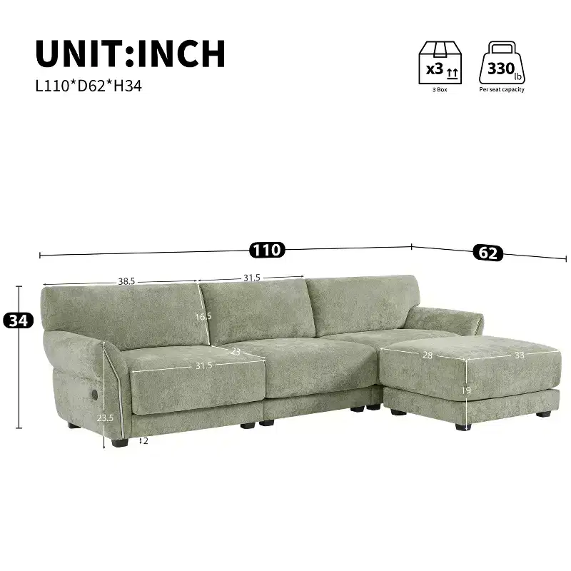 L-Shaped Sectional Sofa Set with Ottoman, 3-Seat Chenille Couch with Extra-Wide Seat and USB, 110