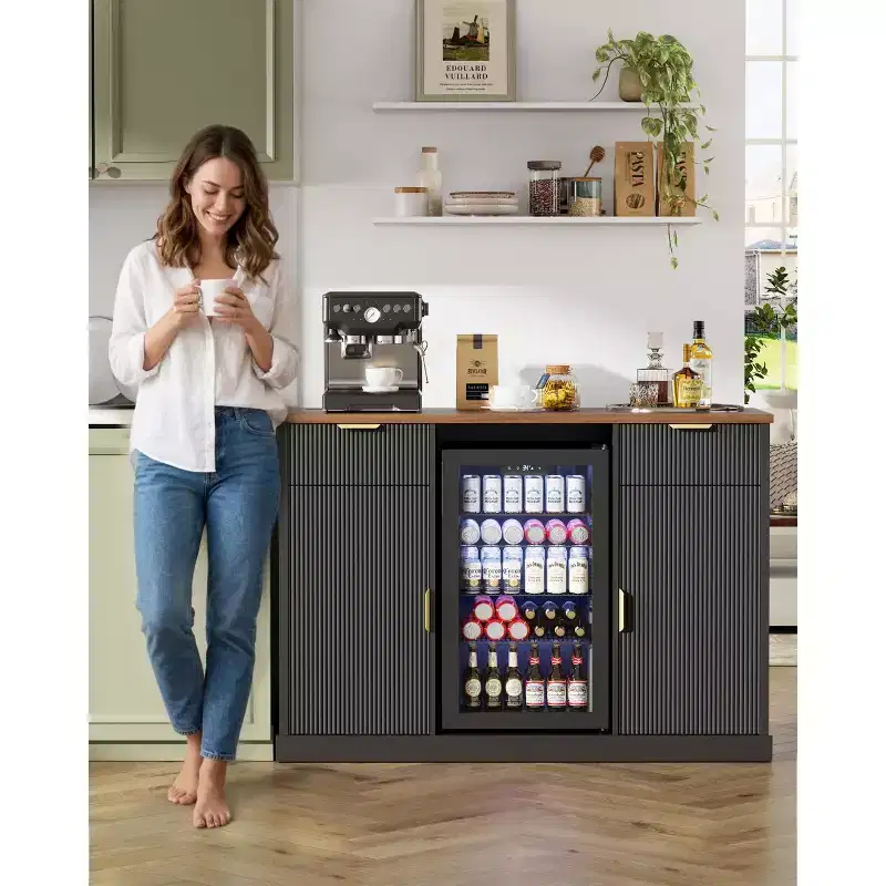 55 Large Coffee Bar Cabinet with Fridge Space, Modern Buffet Sideboard with Built-in Outlets for Living Room, Dining Room or Home Bar, Black