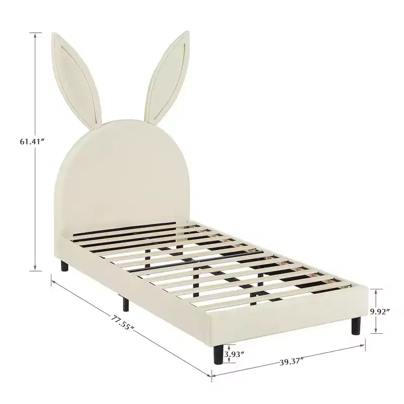 Kids Twin Size Platform Bed Frame with Upholstered Headboard