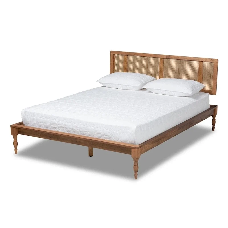 Wood & Synthetic Rattan Platform Bed | Bohemian Style | No Box Spring Needed
