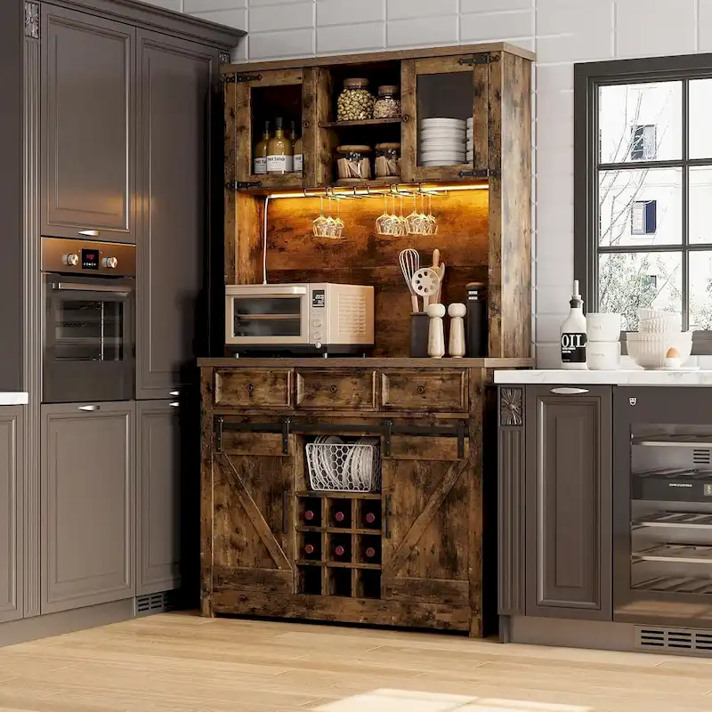 Modern Farmhouse Coffee Bar Cabinet with LED Lights & Power Outlets, Kitchen Cabinet