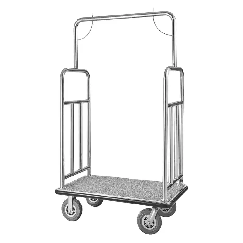 Hotel Luggage Cart - 1200 lbs Capacity, Brushed Stainless Steel, Grey Carpeted Deck, 8