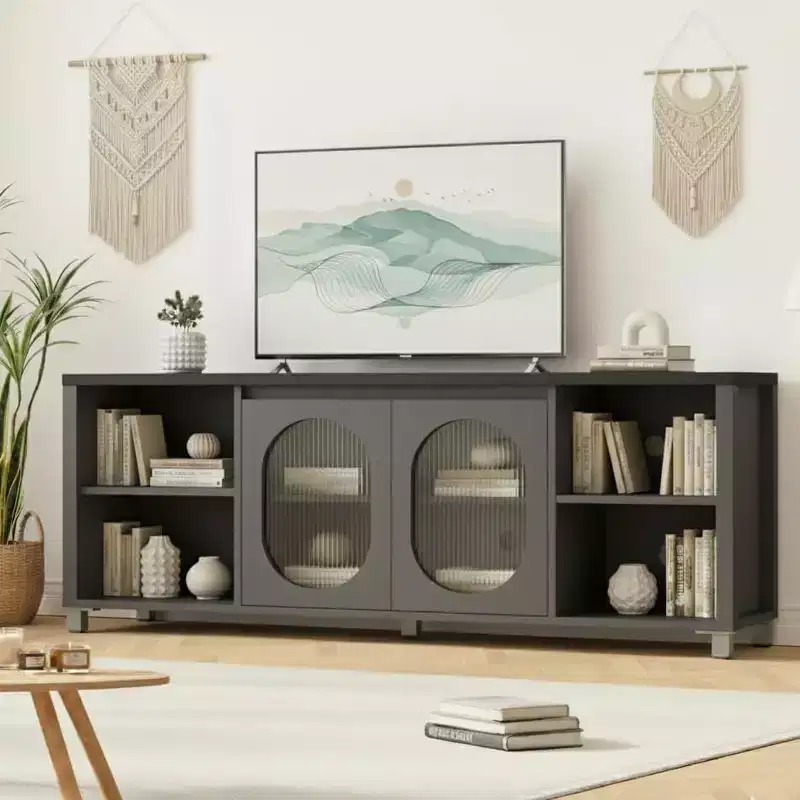 COZONY 63 Inch TV Stand Entertainment Center with Rattan Doors Adjustable Shelf Media Console Iron Feet