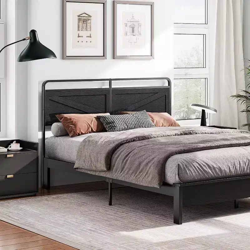 ACOINEL Wooden Panel Queen Headboard, Adjustable Height Head Board with Metal Frame & Bed Frame Adapter, Minimalist Black Headboard