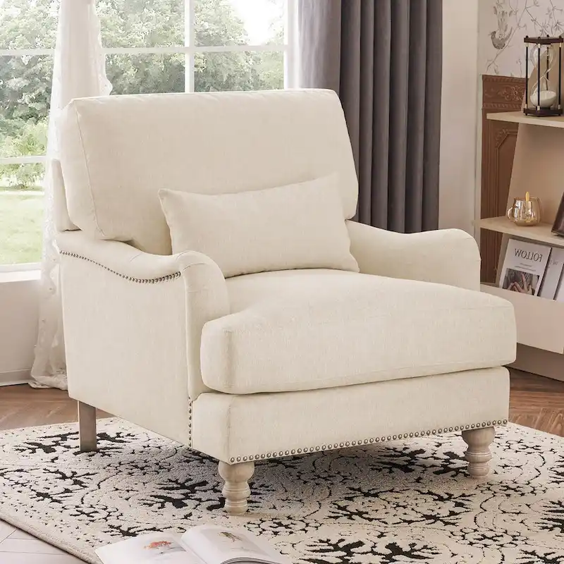 Upholstered Accent Chair with Lumbar Pillow and Solid Wood Legs