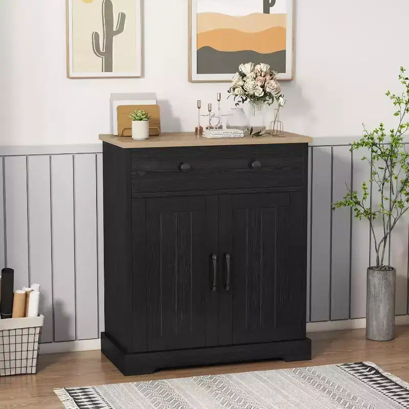 Small Storage Cabinet, Compact Wood Sideboard Buffet Cabinet with 2 Drawers & 2 Doors, Modern Minimalist Accent Furniture for Home