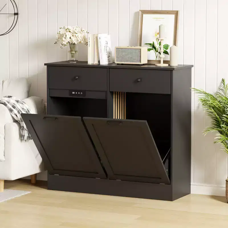 20 Gallon Tilt Out Trash Can Cabinet, Double Bin Dog-Proof Garbage Cabinet with Hidden Drawer, Deodorizing Space-Saving Kitchen Furniture