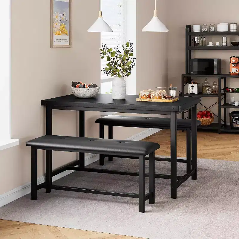 CuisinSmart Dining Table Set with 2 Benches, Dining Table Set for 4 Kitchen Table with 2 PU Upholstered Benches, Rectangular Dining Table Set