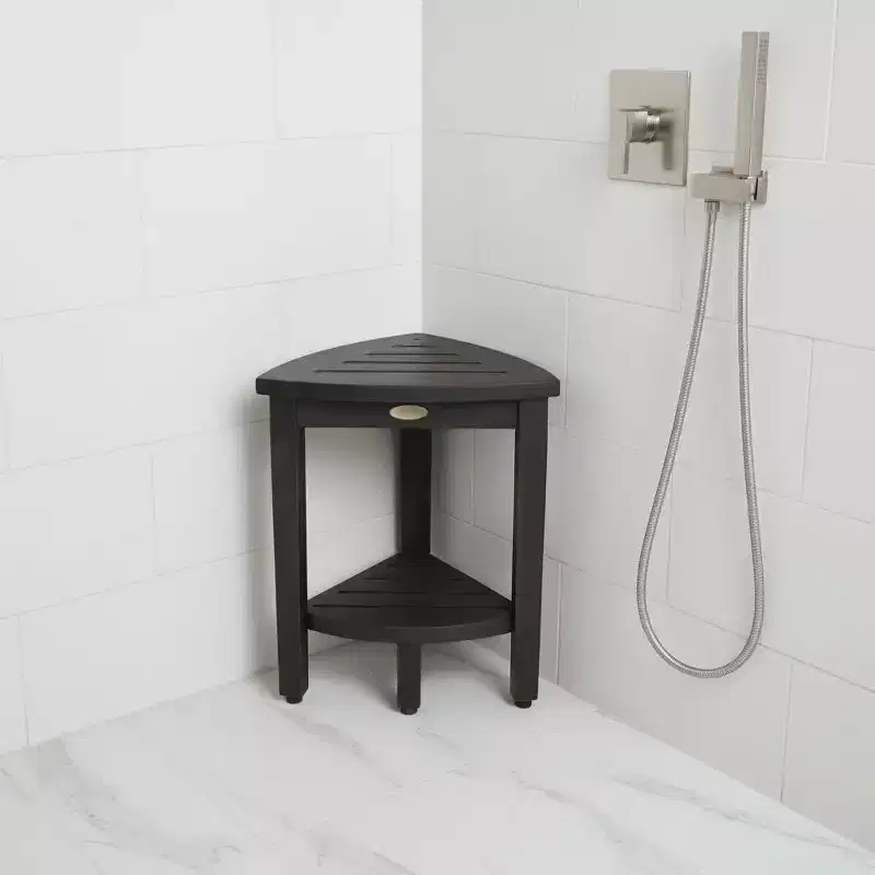 HomeRoots Mod Gray Teak 18 Curvilinear Corner Shower Bench With Shelf
