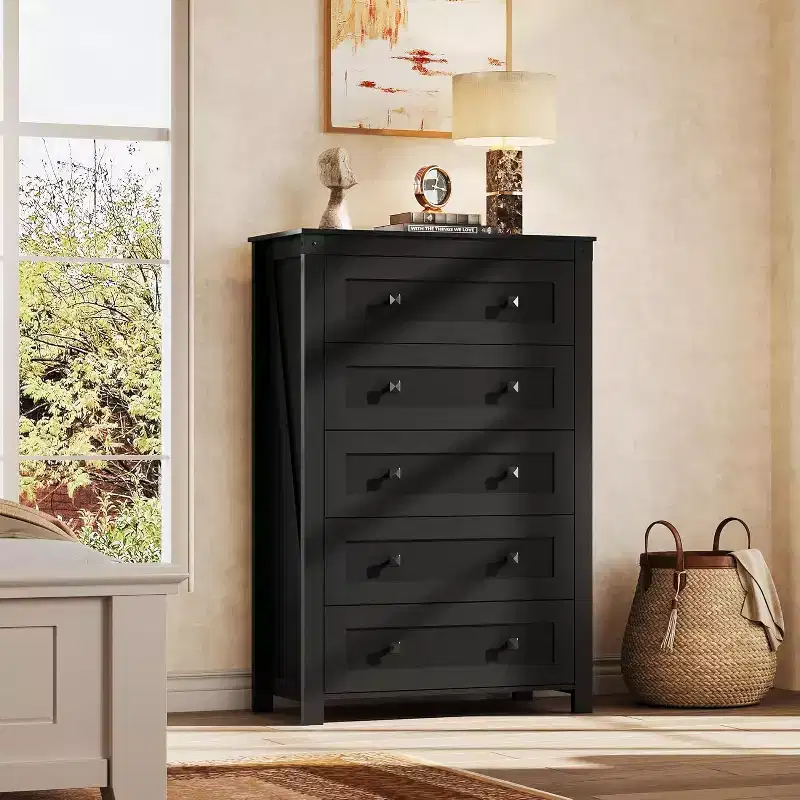 GALAXHERO 5 Drawer Farmhouse Dresser, Tall Wood Storage Organizer for Bedroom, Chest of Drawers with Rustic Handles for Living Room, Hallway