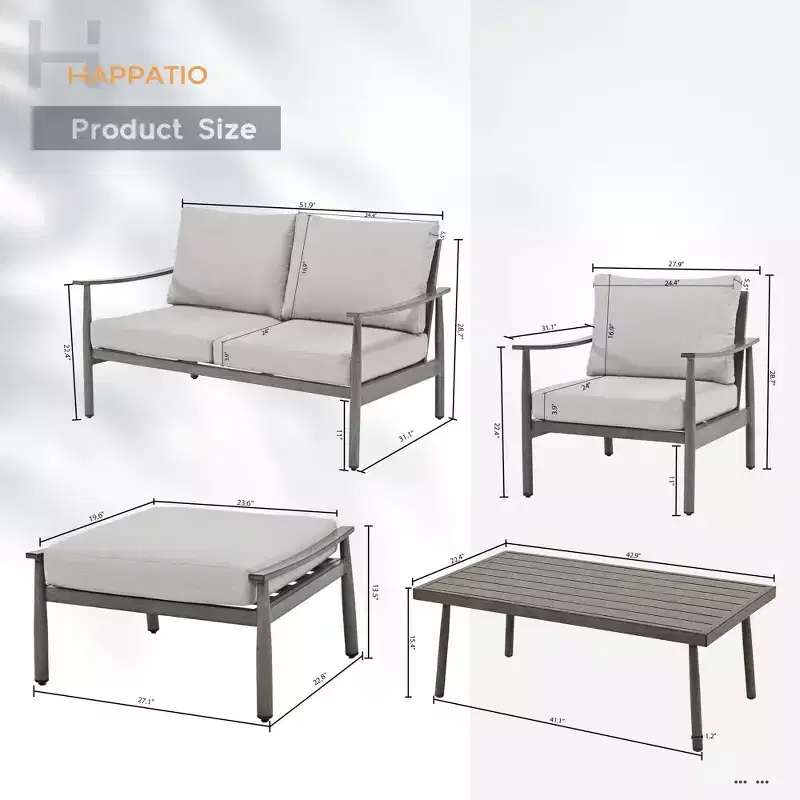 HAPPATIO Patio Outdoor Furniture Set - 6 Pieces Aluminum Outdoor Conversation Set with Loveseat,Armchairs,Coffee Table and Ottomans for Yard,Porch