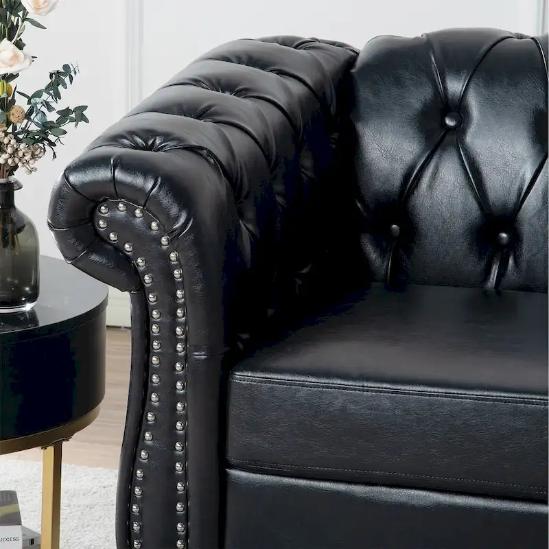 Classically Elegant 84.65 Three-Seater Rolled Arm Chesterfield Sofa in PU Leather - Sturdy Birch Legs, Soft Upholstery