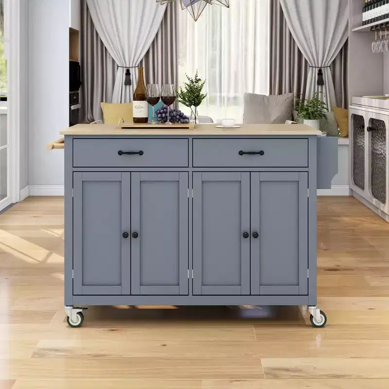 Whisen Modern Wood Kitchen Island with Spice Rack and Drawers
