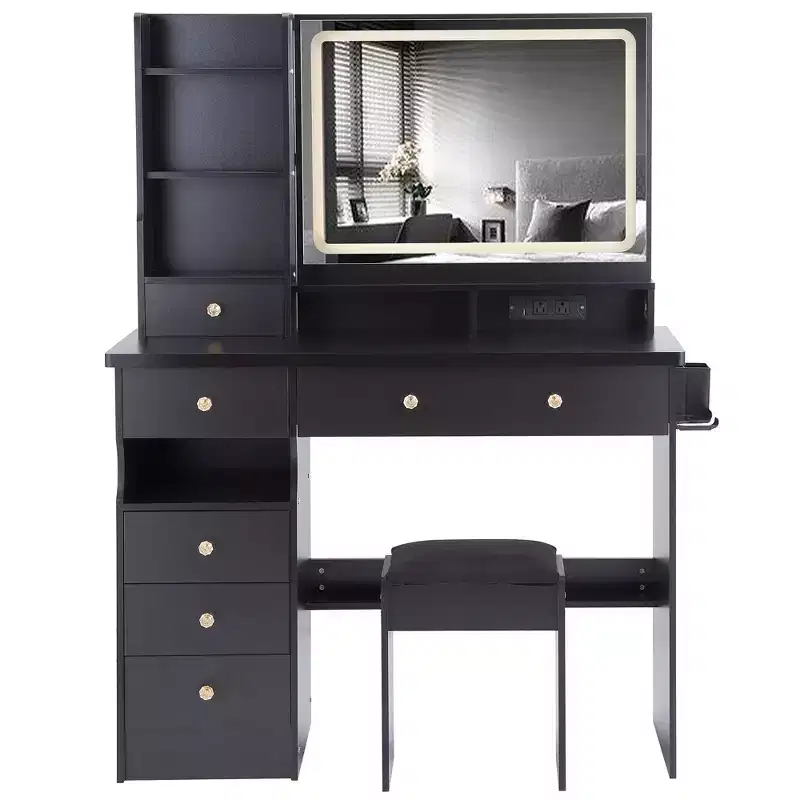 Homy Casa Vanity Table with Lighted Mirror, Stool and Storage Drawers for Bedroom or Dressing Room