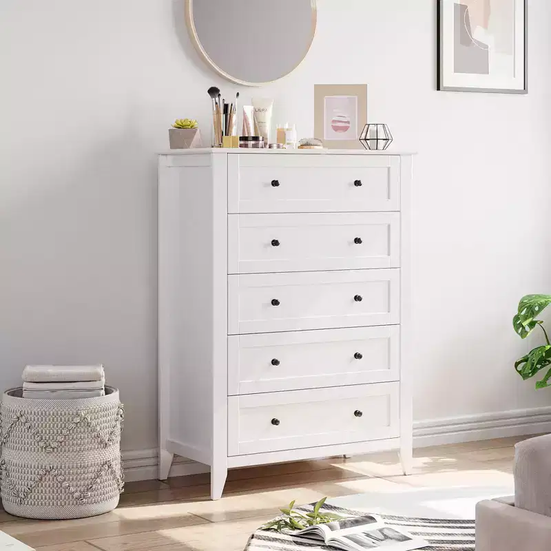 Farmhouse 5-Drawer Dresser with Gold Handles, Tall Chest for Bedroom or Living Room Storage, White