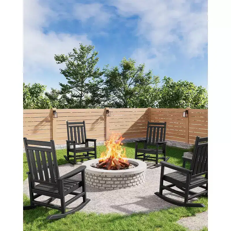 All-Weather HDPE Poly Lumber Adirondack Rocking Chairs Set of 4, High Back Patio Porch Rockers, Low Maintenance, Black