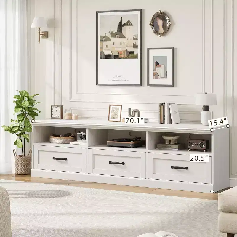 70-Inch Mid-Century TV Stand with Drawers and Open Shelves