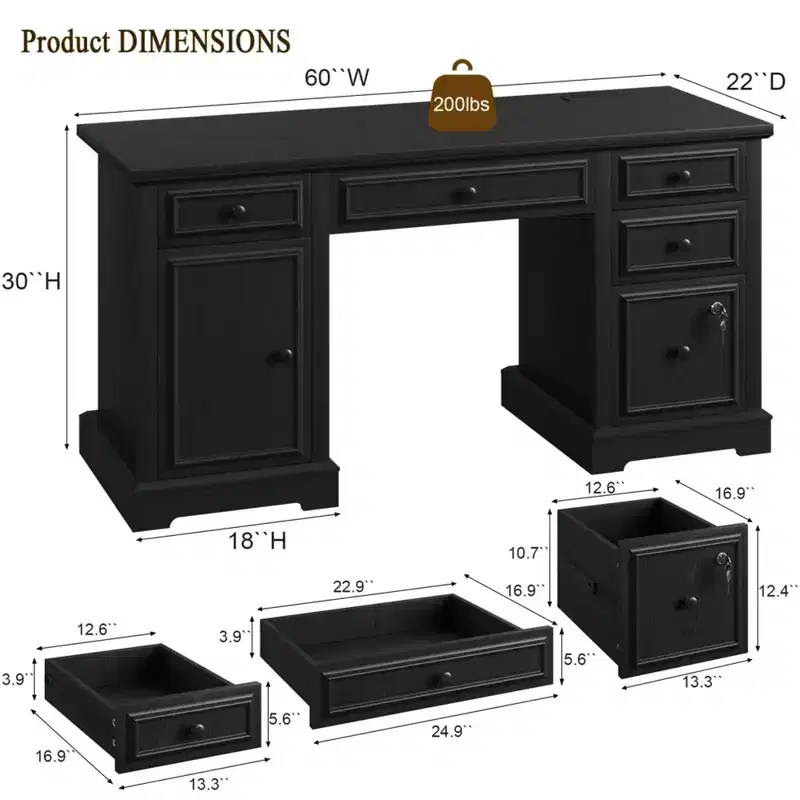Dyonery 60 Farmhouse Computer Desk with Charging Station  Executive Writing Desk with Drawer & Storage Cabinet for Home Office, Rustic Wood