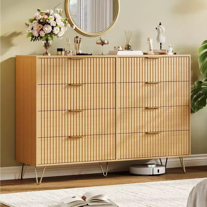 8-Drawer Fluted Wooden Dresser with Metal Handles