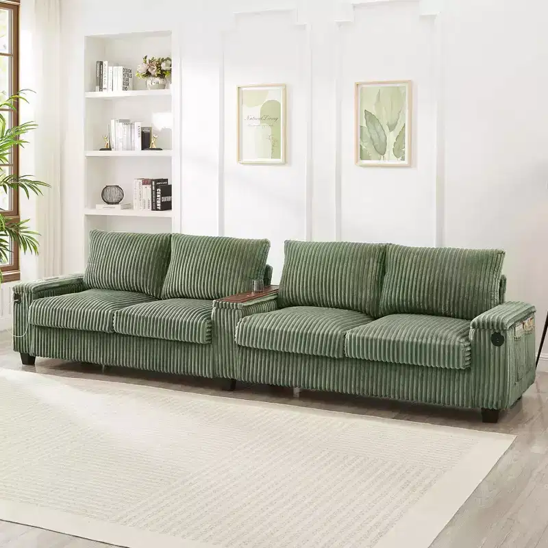 4 Seater Corduroy Sofa Couch 133 Modern Sofa with Ports Hidden Storage Arms Flip Top Cup Holders for Living Room Green