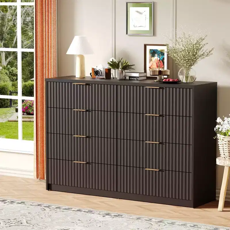 Drawer Fluted Dresser, Wood Storage Organizer with Drawers, Large Capacity & Anti-Tip, Retro Bedroom Dresser & Nightstand for Hallway, Entryway