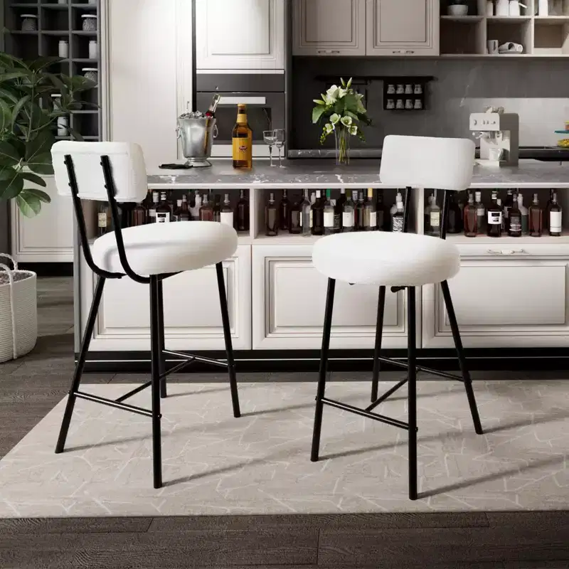 Bar Stool Chairs, Modern Upholstered Counter Height Barstools with Round Seat, Armless Bar Chair with Back, Footrest and Metal Legs