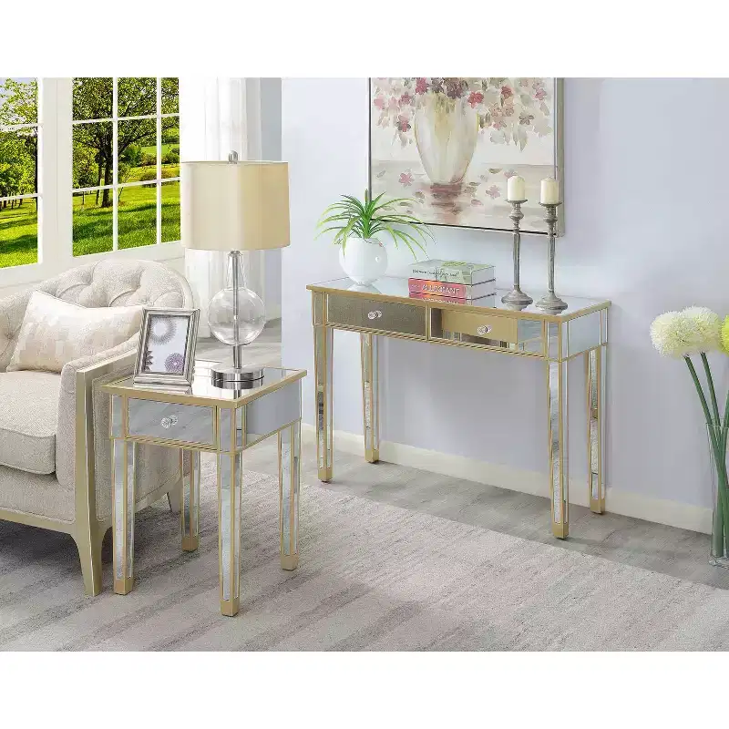 Belmont Mirrored End Table with Drawer and Faux Crystal Knob, Elegant Accent Table with Fir Wood Base and Concealed Storage