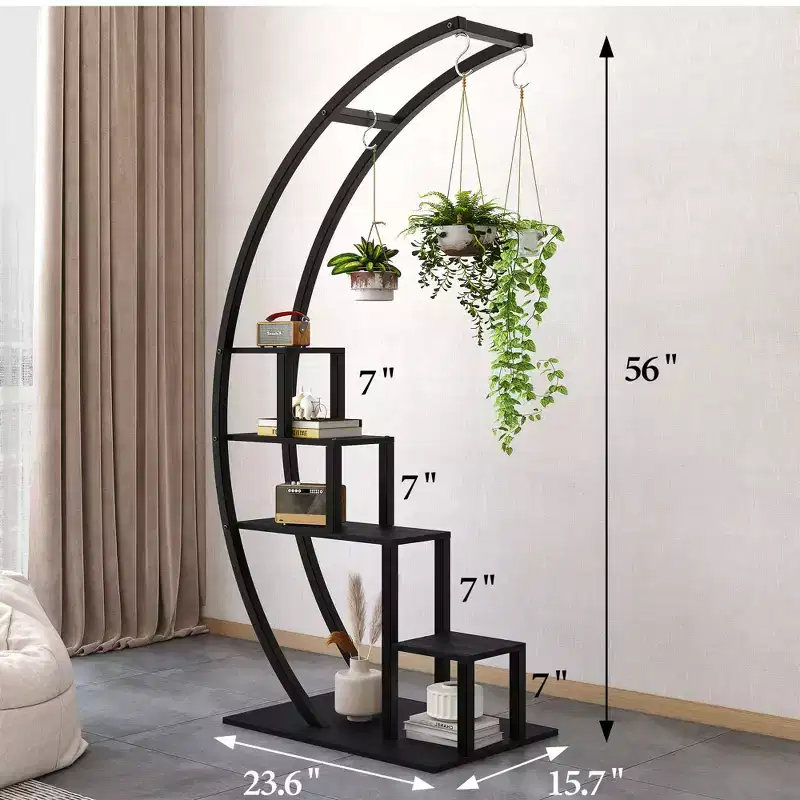 5-Tier Large Half Moon Indoor Plant Stand with Hanging Hooks, Curved Ladder Flower Pot Display Rack for Home, Patio, Garden & Balcony