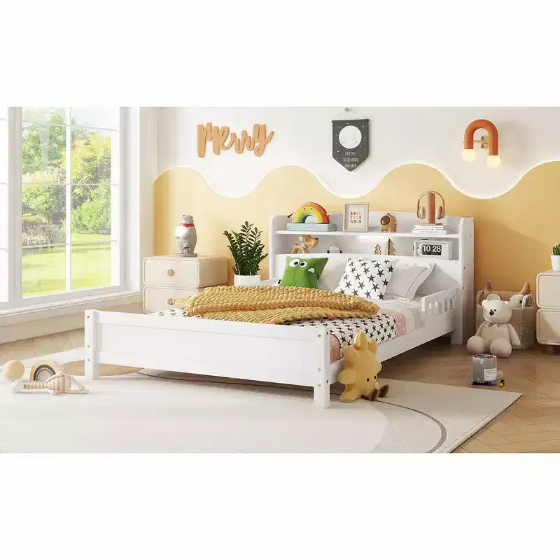 MAYEERTY Full Pine Wood Bed with Bookcase Headboard, Safety Guardrails White